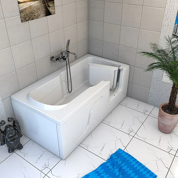 AcquaVapore Badewanne Fertigdusche S17-L - 150 x 75 cm, Acryl, Weiß - Weiße Badewanne mit integrierter Tür für einfachen Zugang, in einem modernen Fliesenbad dargestellt.