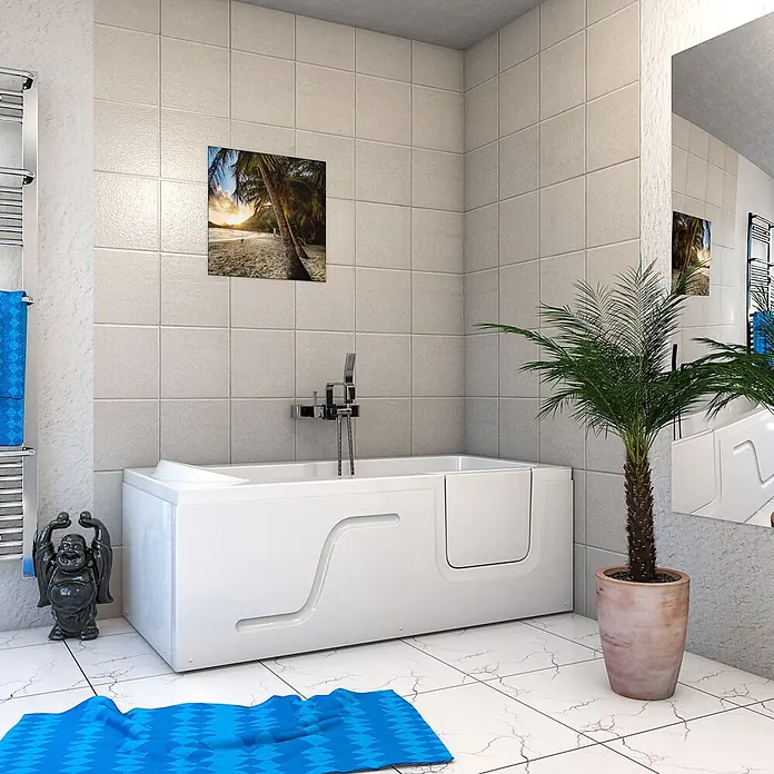AcquaVapore Badewanne Fertigdusche S17-L - 150 x 75 cm, Acryl, Weiß - Weiße begehbare Badewanne mit integrierter Einstiegstür, passend für ein modernes Badezimmer.
