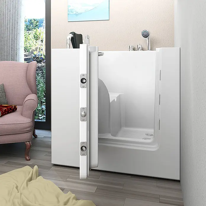 AcquaVapore Badewanne Fertigdusche S02-C-L - 100 x 78 cm, Acryl, Weiß - Weiße Badewanne mit offener Seitentür und integriertem Sitz für einfachen, barrierefreien Zugang.