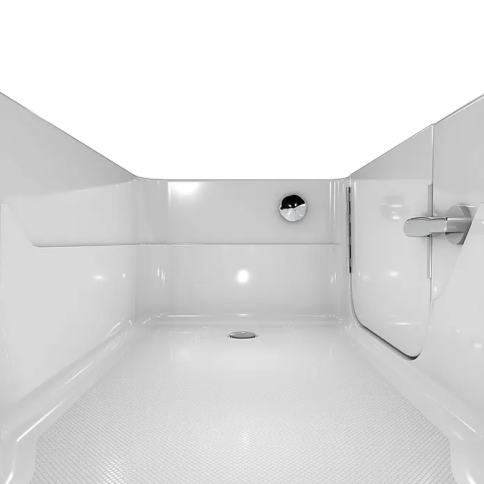AcquaVapore Badewanne Fertigdusche S17-L - 150 x 75 cm, Acryl, Weiß - Weißer begehbarer Badewanneninnenraum mit texturiertem rutschfestem Boden, Chromablauf, Überlauf und Griff an der Klapptür.