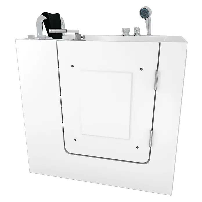 AcquaVapore Badewanne Fertigdusche S02-C-L - 100 x 78 cm, Acryl, Weiß - Weiße barrierefreie Badewanne mit schwarzer Kopfstütze, silbernen Armaturen und Handbrause für einfachen Einstieg.