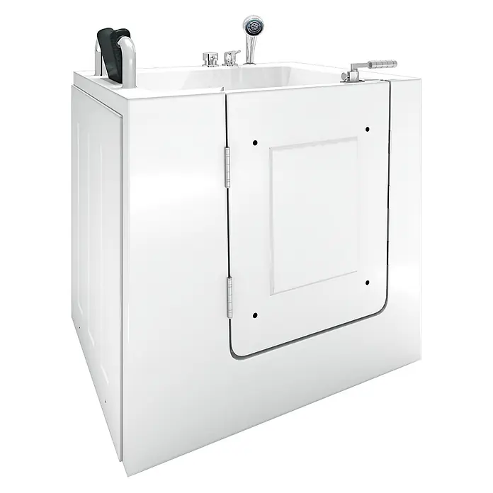 AcquaVapore Badewanne Fertigdusche S02-C-L - 100 x 78 cm, Acryl, Weiß - Weiße begehbare Badewanne mit Seitentür, Chromarmaturen, integriertem Haltegriff und Handbrause für Barrierefreiheit.