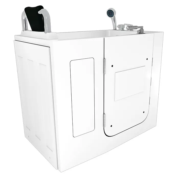 AcquaVapore Badewanne Fertigdusche S08-C-L - 110 x 68 cm, Acryl, Weiß - Weiße begehbare Badewanne mit schwarzem Sitz, Haltegriffen und Handbrause.
