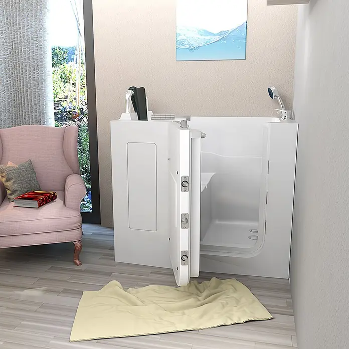 AcquaVapore Badewanne Fertigdusche S08-C-L - 110 x 68 cm, Acryl, Weiß - Weiße barrierefreie Badewanne mit offener Tür in einem modernen Badezimmer.