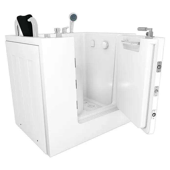 AcquaVapore Badewanne Fertigdusche S02-C-L - 100 x 78 cm, Acryl, Weiß - Weiße barrierefreie Badewanne mit offener Tür, integrierter Armatur, Handbrause, Kopfstütze und Haltegriffen.