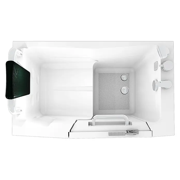 AcquaVapore Badewanne Fertigdusche S08-B-L - 110 x 68 cm, Acryl, Weiß - Weiße begehbare Badewanne mit dunkelgrüner Kopfstütze, Chromarmaturen, strukturiertem Boden und Haltegriff. Für Barrierefreiheit konzipiert.