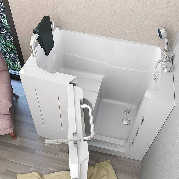 AcquaVapore Badewanne Fertigdusche S08-C-L - 110 x 68 cm, Acryl, Weiß - Weiße barrierefreie Badewanne mit integriertem Sitz, Chromarmaturen, Duschkopf und seitlicher Einstiegstür.
