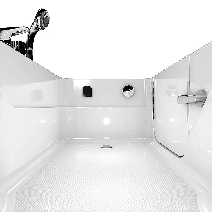 AcquaVapore Badewanne Fertigdusche S17-EH-L - 150 x 75 cm, Acryl, Weiß - Weißes barrierefreies Badewanneninterieur mit Chromarmatur, Handbrause, Einstiegstür und rutschfestem Boden.