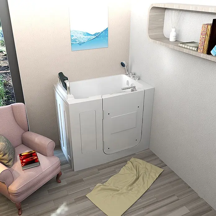 AcquaVapore Badewanne Fertigdusche S08-C-L - 110 x 68 cm, Acryl, Weiß - Weiße begehbare Badewanne in einem modernen Bad, für barrierefreies Baden. Mit leicht zugänglicher Tür für eigenständige Nutzung.