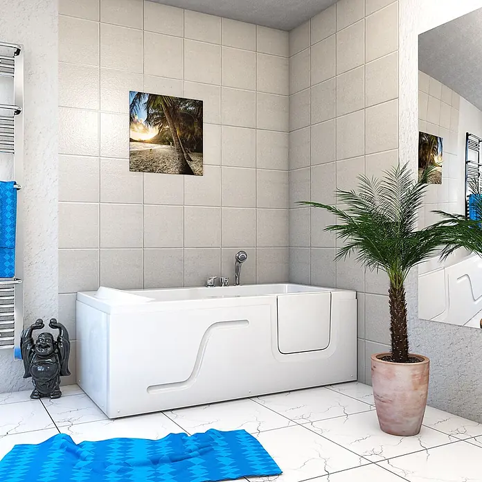 AcquaVapore Badewanne Fertigdusche S17-EH-L - 150 x 75 cm, Acryl, Weiß - Weiße begehbare Badewanne mit Seitentür, in einem modernen Badezimmer.
