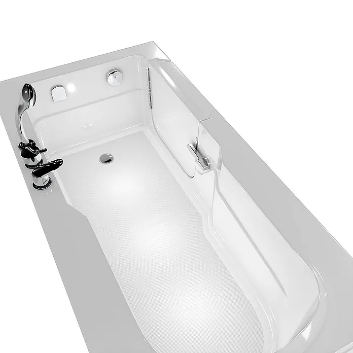 AcquaVapore Badewanne Fertigdusche S17-EH-L - 150 x 75 cm, Acryl, Weiß - Weiße Badewanne mit Einstiegstür, rutschfestem Boden, Chromarmatur und Handbrause.