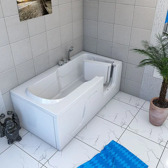 AcquaVapore Badewanne Fertigdusche S17-EH-L - 150 x 75 cm, Acryl, Weiß - Weiße begehbare Badewanne mit integriertem Sitz und Seitentür, in einem gefliesten Badezimmer.