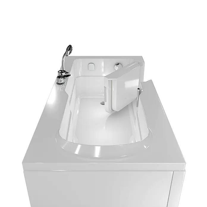 AcquaVapore Badewanne Fertigdusche S17-EH-L - 150 x 75 cm, Acryl, Weiß - Weiße Badewanne mit Einstiegstür, integrierten Armaturen und Handbrause für barrierefreies Baden.