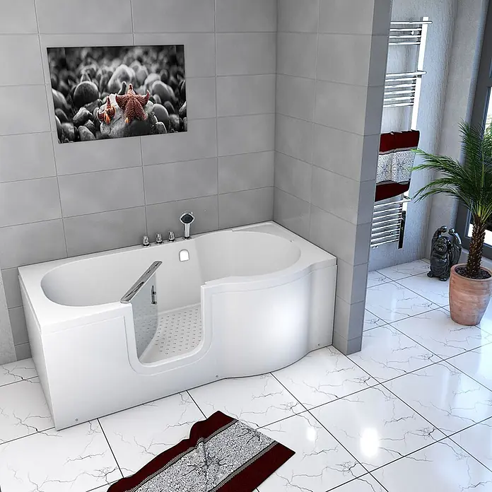 AcquaVapore Badewanne Fertigdusche S12-TH-L - 170 x 85 cm, Acryl, Weiß - Weiße begehbare Badewanne mit integrierter Zugangstür und rutschfester Oberfläche für einfaches und sicheres Baden.