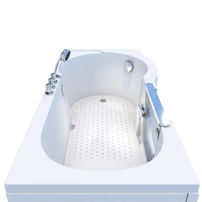 AcquaVapore Badewanne Fertigdusche S12-TH-L - 170 x 85 cm, Acryl, Weiß - Weiße begehbare Badewanne mit Chromarmaturen, integrierter Dusche und rutschfester Bodenstruktur.