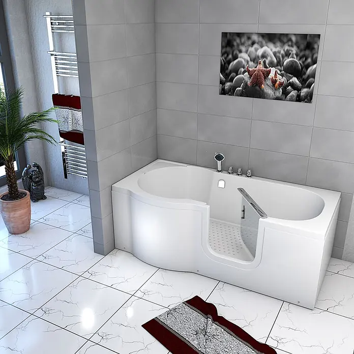 AcquaVapore Badewanne Fertigdusche S12-TH-R - 85 x 170 cm, Acryl, Weiß - Weiße ebenerdige Badewanne mit integrierter Tür für einfachen Zugang und Chromarmaturen in einem modernen Badezimmer.