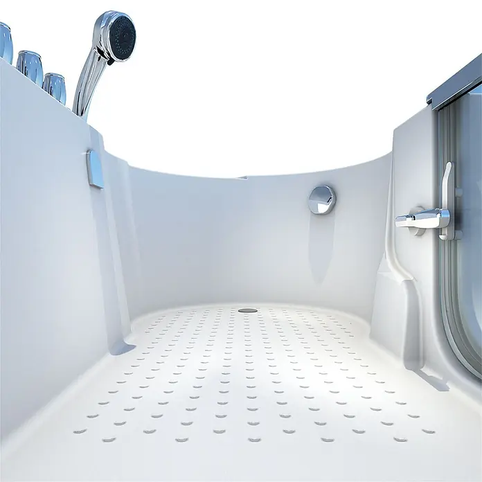 AcquaVapore Badewanne Fertigdusche S12-TH-L - 170 x 85 cm, Acryl, Weiß - Innenansicht einer weißen, barrierefreien Duschwanne oder Badewanne mit rutschfestem Boden, Handbrause und Türverriegelung.