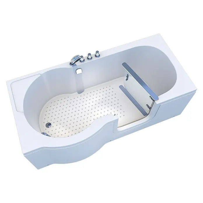AcquaVapore Badewanne Fertigdusche S12-TH-R - 85 x 170 cm, Acryl, Weiß - Weiße barrierefreie Badewanne mit rutschfestem Boden, integriertem Chromsitz und Armaturen.