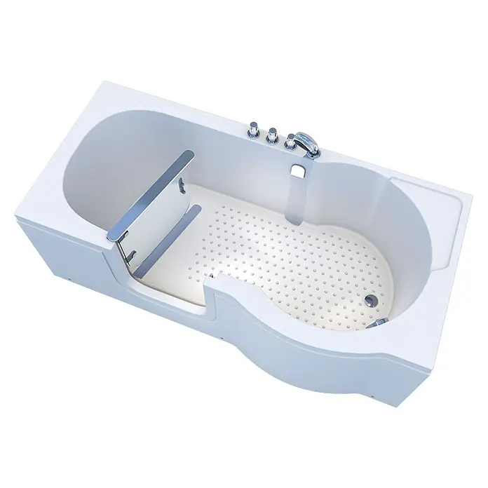 AcquaVapore Badewanne Fertigdusche S12-TH-L - 170 x 85 cm, Acryl, Weiß - Weiße Einstiegswanne mit integriertem Sitz, rutschfestem Boden und Chromarmaturen für barrierefreies Baden.
