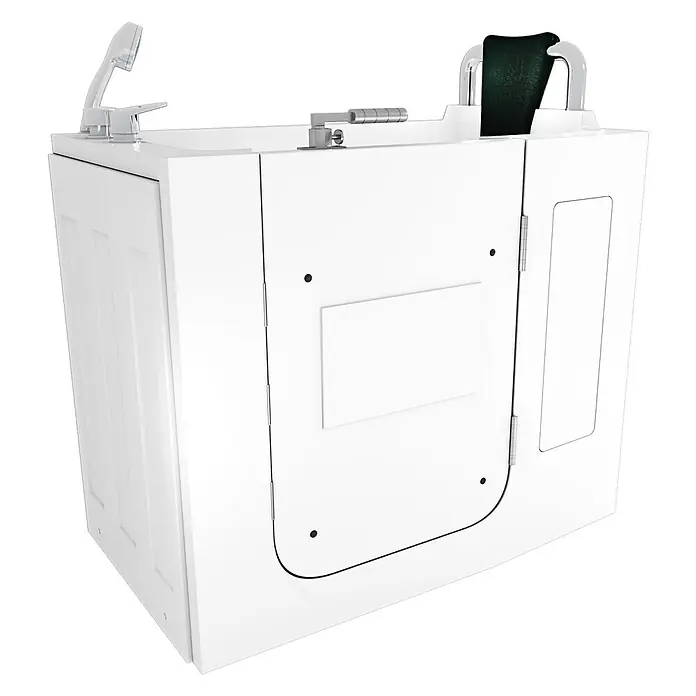 AcquaVapore Badewanne Fertigdusche S08-B-R - 110 x 68 cm, Acryl, Weiß - Weiße barrierefreie Badewanne mit Seitentür, integriertem Sitz und Chromarmaturen inklusive Handbrause.