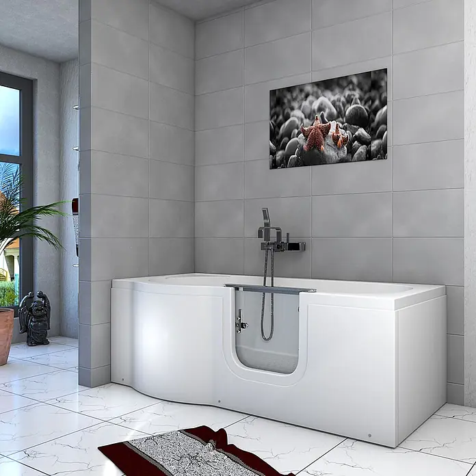 AcquaVapore Badewanne Fertigdusche S12-R - 85 x 170 cm, Acryl, Weiß - Weiße Badewanne mit integrierter klarer Einstiegstür für barrierefreien Zugang und Brause.