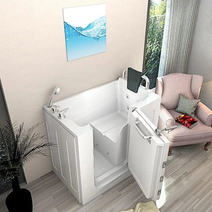 AcquaVapore Badewanne Fertigdusche S08-B-R - 110 x 68 cm, Acryl, Weiß - Weiße begehbare Badewanne mit offener Tür, integriertem Sitz, Chromarmaturen und Handbrause in einem hellen Badezimmer.