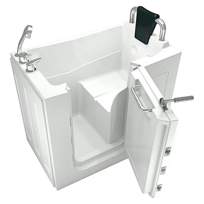 AcquaVapore Badewanne Fertigdusche S08-B-R - 110 x 68 cm, Acryl, Weiß - Weiße begehbare Badewanne mit offener Tür, integriertem Sitz, Chromarmaturen und schwarzer Kopfstütze für barrierefreies Baden.