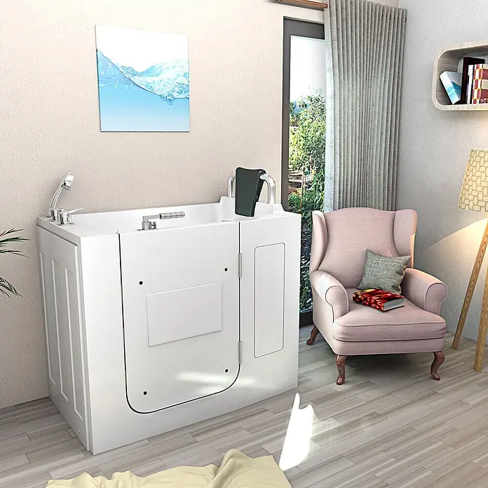 AcquaVapore Badewanne Fertigdusche S08-B-R - 110 x 68 cm, Acryl, Weiß - Weiße begehbare Badewanne mit Seiteneinstiegstür, integriertem Wasserhahn und Duschkopf, für barrierefreies Baden in häuslicher Umgebung.