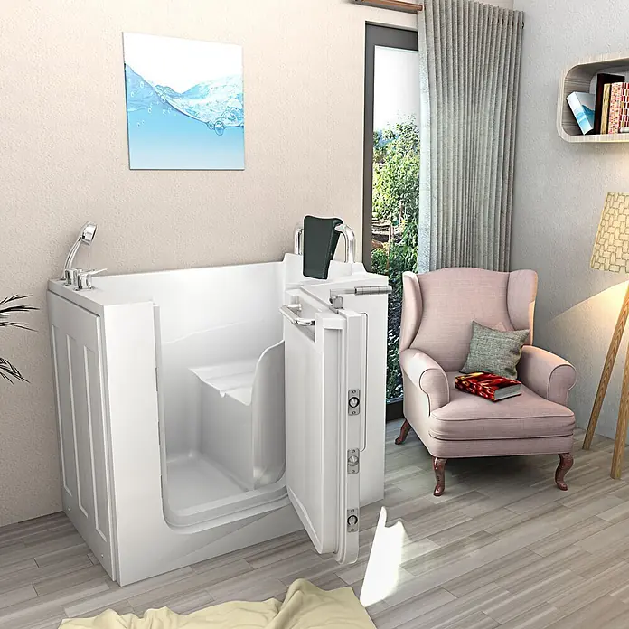 AcquaVapore Badewanne Fertigdusche S08-B-R - 110 x 68 cm, Acryl, Weiß - Weiße begehbare Badewanne mit integriertem Sitz und Brausekopf, offene Tür für einfachen Zugang, in einem gemütlichen Raum.