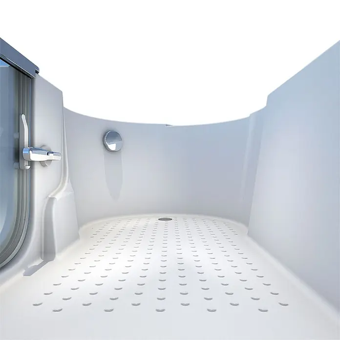 AcquaVapore Badewanne Fertigdusche S12-R - 85 x 170 cm, Acryl, Weiß - Weißer Duschkabinen-Innenraum mit rutschfestem Boden, zentralem Abfluss und Chromgriff.