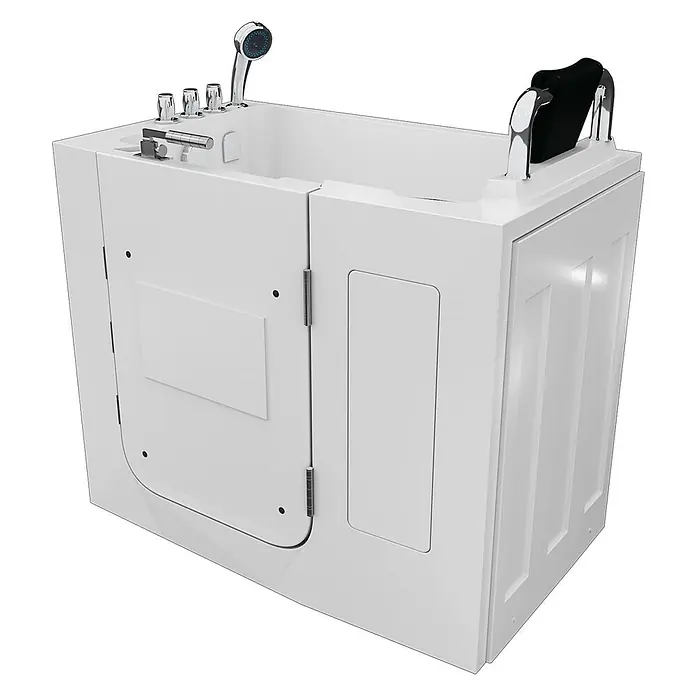 AcquaVapore Badewanne Fertigdusche S08-TH-A-R - 68 x 110 cm, Acryl, Weiß - Weiße Walk-in-Badewanne mit seitlicher Tür, integrierter Armatur, Handbrause und schwarzer Kopfstütze für barrierefreies Baden.