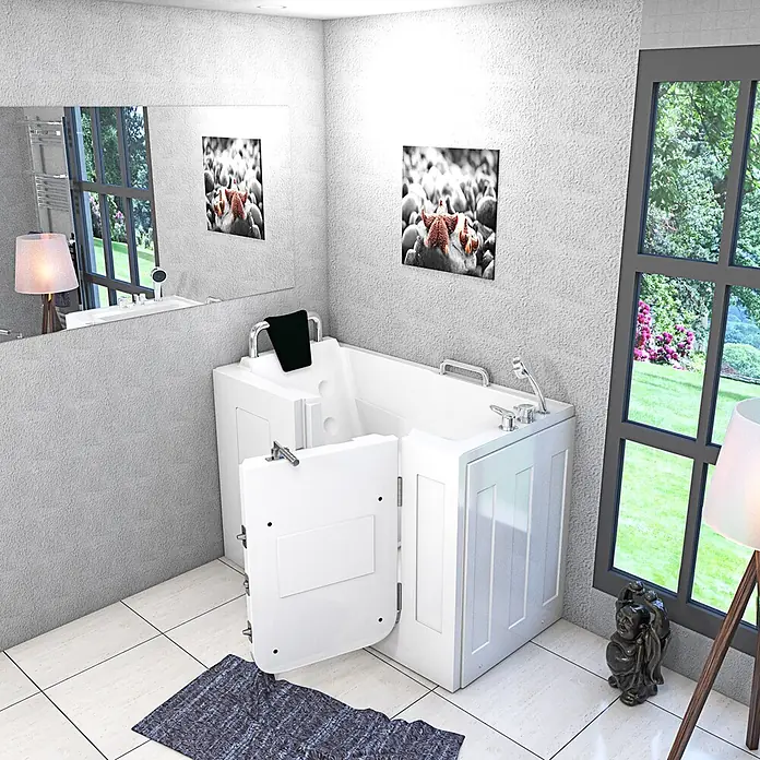 AcquaVapore Badewanne Fertigdusche S07-A-R - 76 x 140 cm, Acryl, Weiß - Weiße barrierefreie Badewanne mit offener Einstiegstür, in einem modernen Badezimmer, betont das zugängliche Design zum Baden.