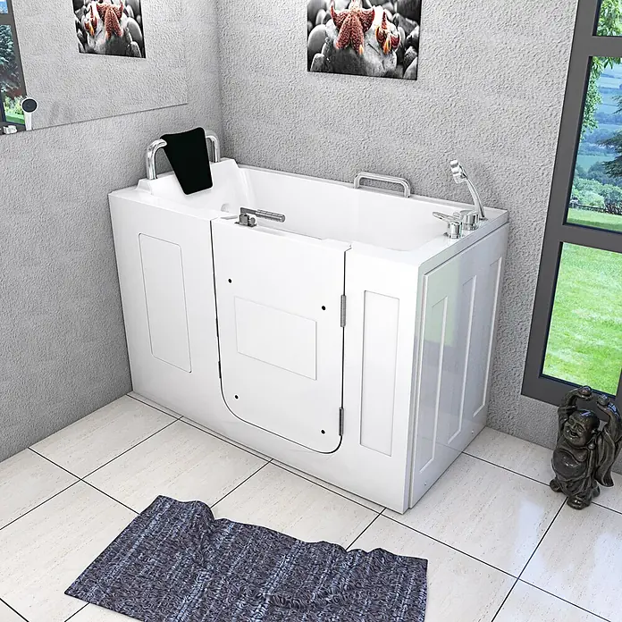 AcquaVapore Badewanne Fertigdusche S07-A-R - 76 x 140 cm, Acryl, Weiß - Weißer begehbarer Badewanne mit Chromarmaturen in einem Badezimmer.
