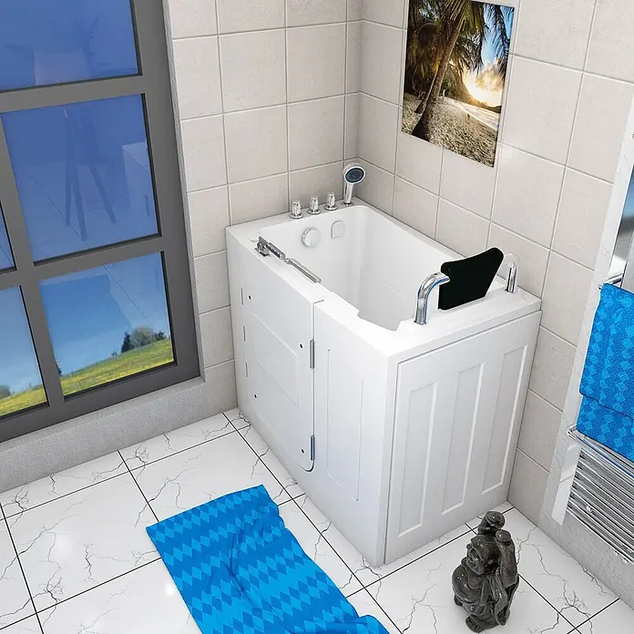 AcquaVapore Badewanne Fertigdusche S08-TH-A-R - 68 x 110 cm, Acryl, Weiß - Weiße begehbare Badewanne mit Tür, Handbrause und Haltegriffen, in einem gefliesten Badezimmer installiert.