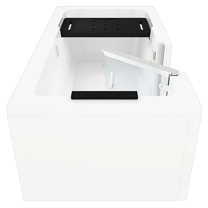 AcquaVapore Badewanne Fertigdusche S15-L -  - Weiße begehbare Badewanne mit schwarzem rutschfestem Sitz und Fußstütze, und klarer Glas-Einstiegstür.