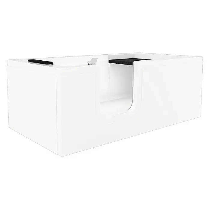 AcquaVapore Badewanne Fertigdusche S15-L -  - Weißer begehbarer Badewanne mit niedrigem Einstieg, integriertem schwarzen Sitz und schwarzem Griff.