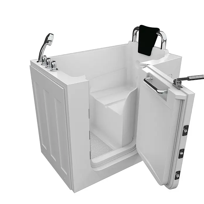AcquaVapore Badewanne Fertigdusche S08-TH-A-R - 68 x 110 cm, Acryl, Weiß - Weiße begehbare Badewanne mit offener Seitentür, integriertem Sitz, Chromarmaturen und Haltegriffen für barrierefreies Baden.