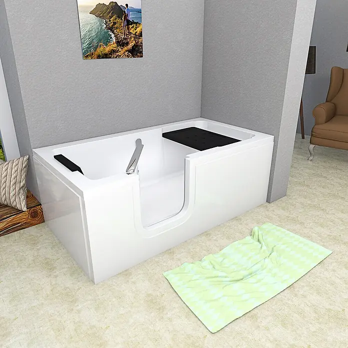 AcquaVapore Badewanne Fertigdusche S15-L -  - Weiße begehbare Badewanne mit integriertem schwarzem Sitz, in einem Raum installiert.