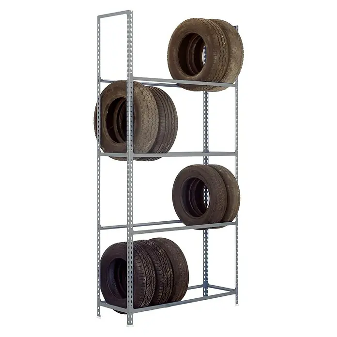 Simonrack Simonauto Reifenregal Autoclick - H x B x T: 200 x 120 x 30 cm, Anzahl Träger: 4 Stk., Stecken, Grau - Reifenregal mit vier Ebenen zur Lagerung von Autoreifen. Das Regal ist aus Metall gefertigt und bietet Platz für mehrere Reifen pro Ebene.