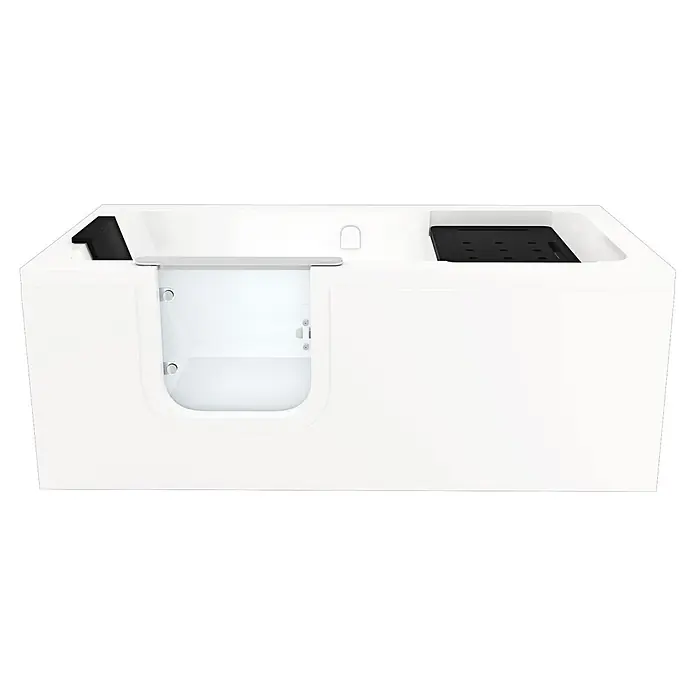 AcquaVapore Badewanne Fertigdusche S15-L -  - Weiße begehbare Badewanne mit klarer Tür und schwarzem Sitz, für einfachen Zugang.