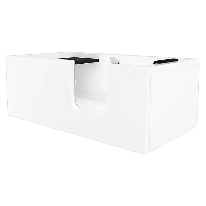 AcquaVapore Badewanne Fertigdusche S15-R -  - Weiße begehbare Badewanne mit U-förmigem Einstieg, integriertem schwarzem Sitz und Chrom-Haltegriff.