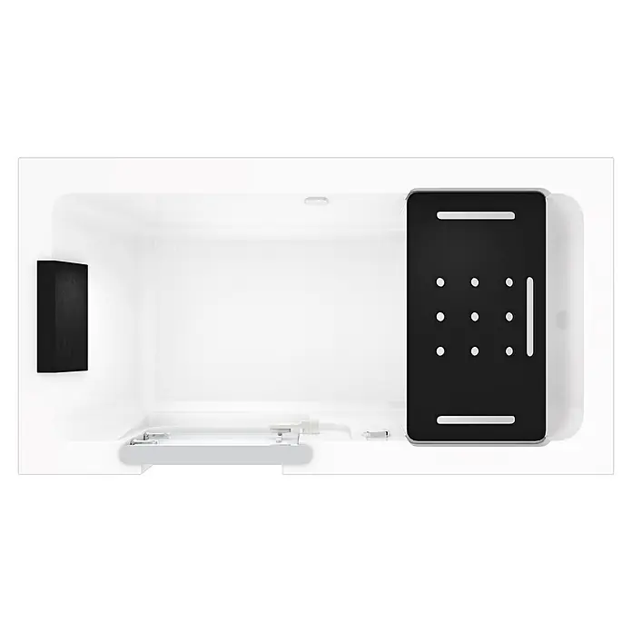 AcquaVapore Badewanne Fertigdusche S15-L -  - Innenansicht einer Smart-Toilette mit weißer Keramik, schwarzem Bedienfeld und integriertem schwarzem Modul.