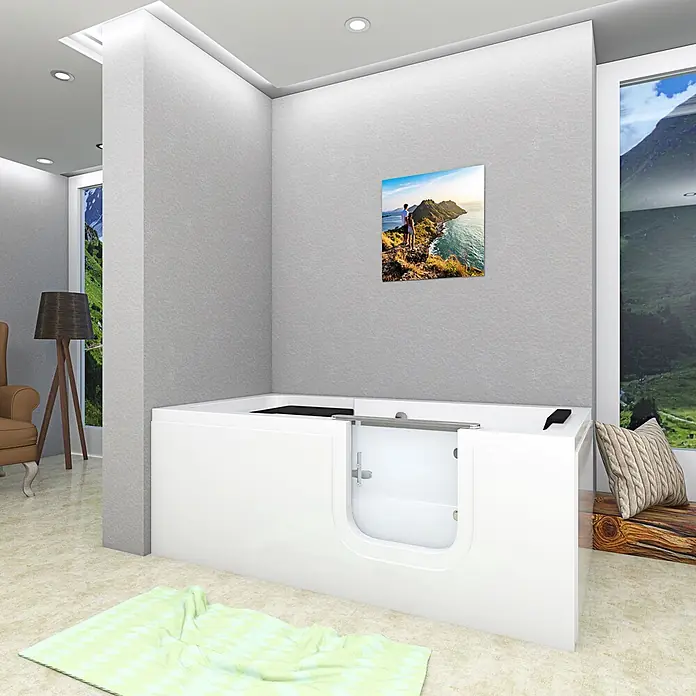 AcquaVapore Badewanne Fertigdusche S15-R -  - Weiße, begehbare Badewanne mit niedrigem Einstieg für einfachen Zugang in einem modernen Badezimmer.