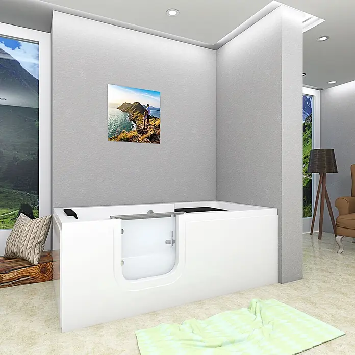 AcquaVapore Badewanne Fertigdusche S15-L -  - Eine weiße begehbare Badewanne mit transparenter Tür in einem modernen Raum, die einfachen Zugang zum Baden bietet.