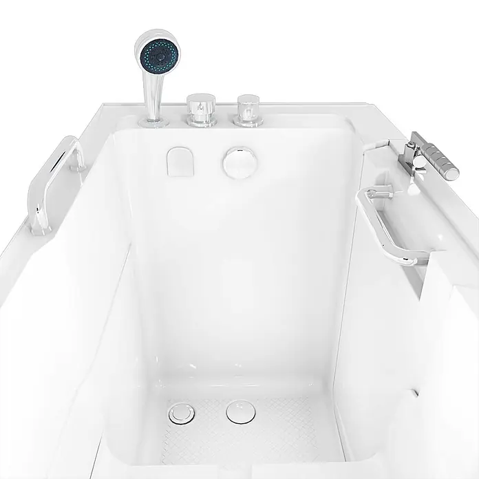 AcquaVapore Badewanne Fertigdusche S07-A-L - 76 x 140 cm, Acryl, Weiß - Weißer begehbarer Badewanne mit Handbrause, Chromarmaturen, Haltegriffen und rutschfestem Boden für Barrierefreiheit.