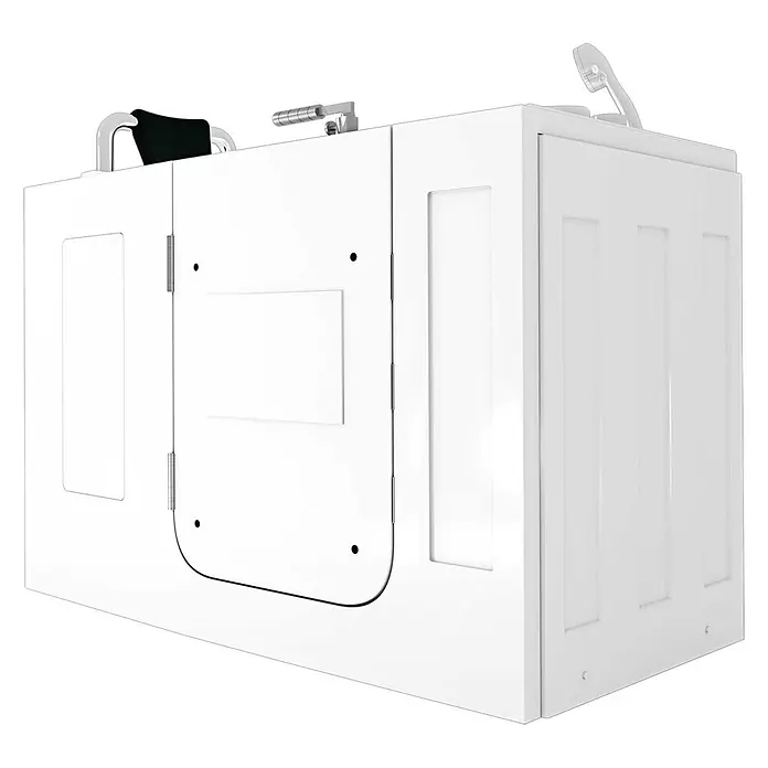 AcquaVapore Badewanne Fertigdusche S07-A-L - 76 x 140 cm, Acryl, Weiß - Weiße begehbare Badewanne mit seitlicher Einstiegstür, Sitz, silbernen Haltegriffen und Handbrause.
