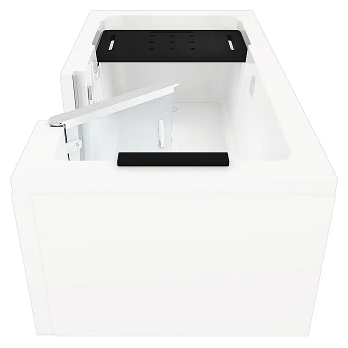 AcquaVapore Badewanne Fertigdusche S15-R -  - Weiße, barrierefreie Badewanne mit schwarzem Badewannenbrett, transparenter Schwenktür und schwarzer Haltestange.