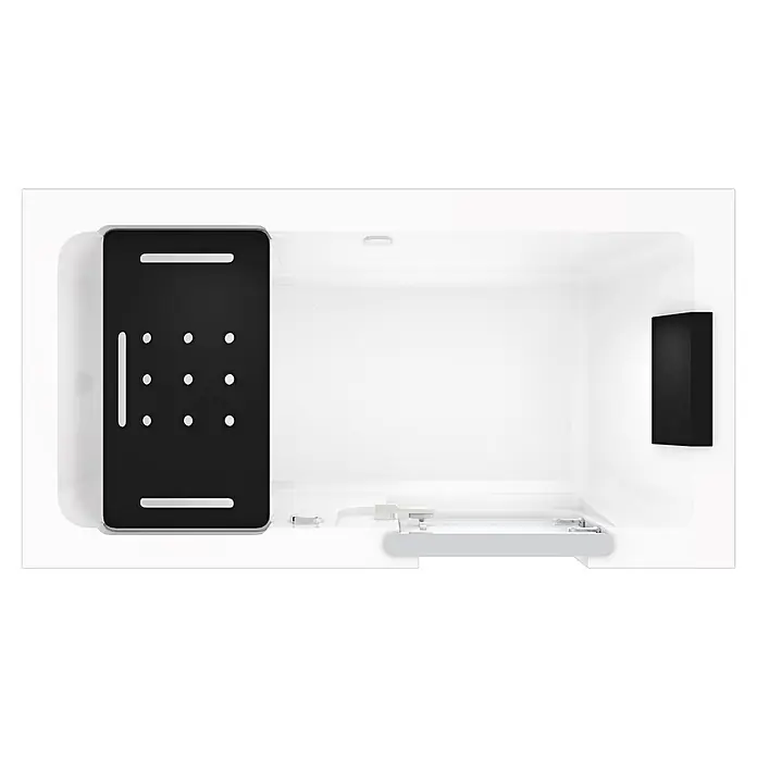 AcquaVapore Badewanne Fertigdusche S15-R -  - Innenansicht eines weißen Smart-Geräts mit schwarzem Bedienfeld und integriertem Becken.