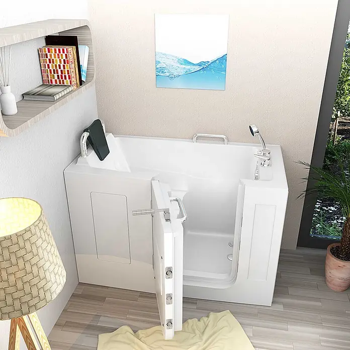 AcquaVapore Badewanne Fertigdusche S07-A-L - 76 x 140 cm, Acryl, Weiß - Weiße Badewanne mit offener Seitentür und integrierten Haltegriffen für einfachen Zugang in einem modernen Badezimmer.