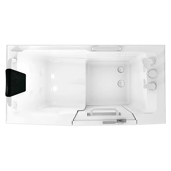 AcquaVapore Badewanne Fertigdusche S07-A-L - 76 x 140 cm, Acryl, Weiß - Weiße barrierefreie Badewanne mit integriertem Sitz, schwarzer Kopfstütze, Haltegriff, Duschkopf und zwei Abflüssen.